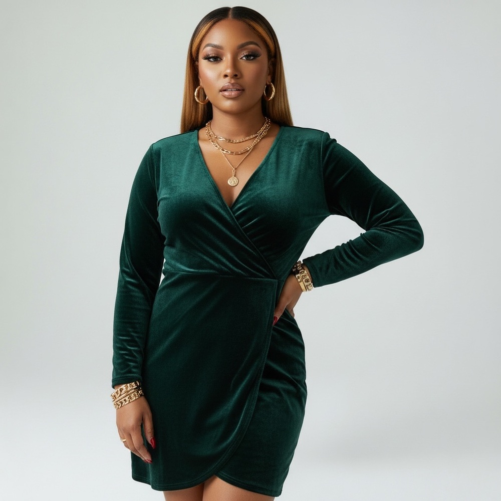 Boohoo green velvet Long Sleeve Faux wrap dress